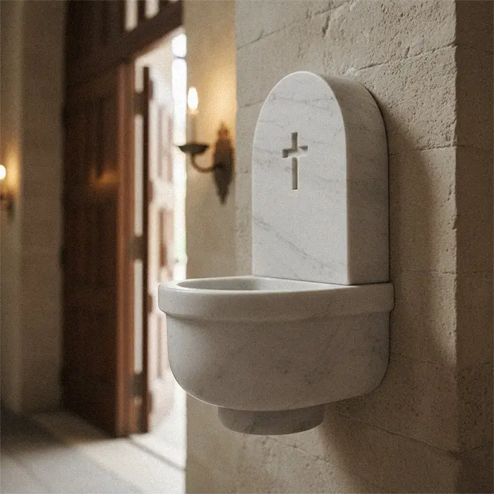 Simple white marble holy water wall font with cross carving