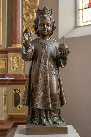 Bronze Infant Jesus of Prague statue wearing crown and royal robes