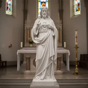 Large outdoor white marble Jesus statue with open arms blessing