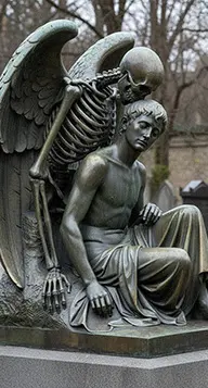 Kiss of Death winged skeleton statue kissing a young man memorial