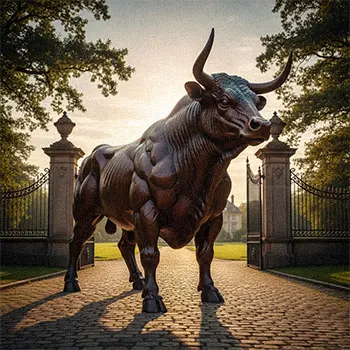 Large outdoor bronze bull statue standing at ranch gate entrance