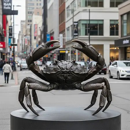 Large bronze crab statue sitting on pedestal
