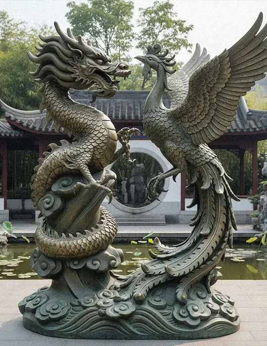 Chinese bronze dragon and phoenix statue pair