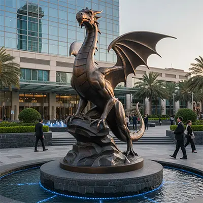 Large outdoor bronze dragon statue sitting in front of modern building