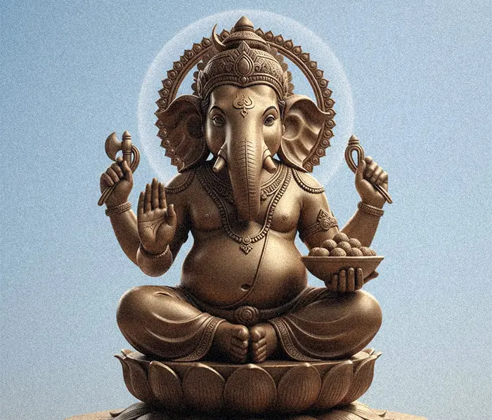 Large bronze Lord Ganesh statue sitting with four arms and intricate jewelry