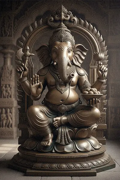 Antique bronze Ganesha statue sitting on lotus throne for temple