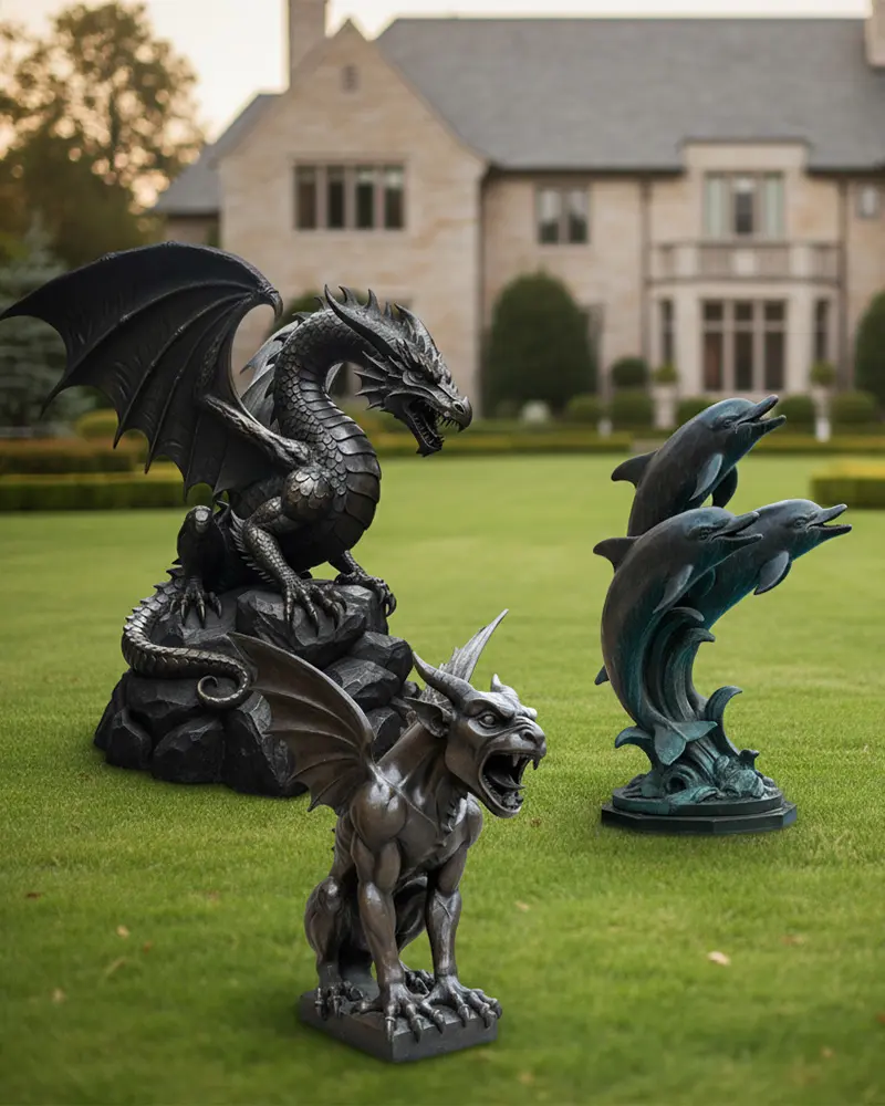 Large bronze dragon garden statues and dolphin fountain sculptures on lawn