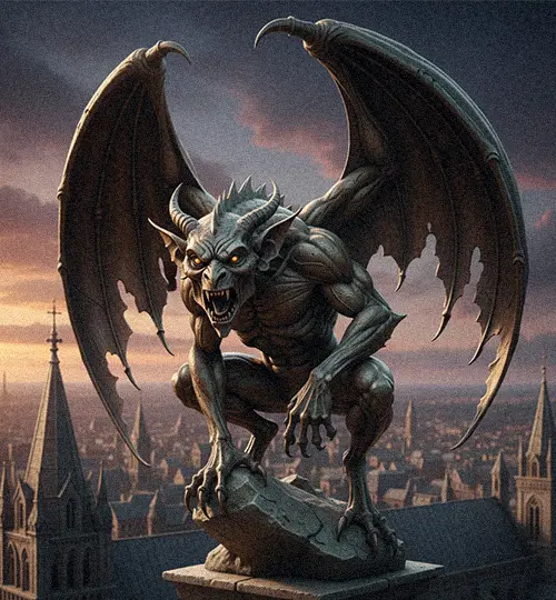 Gothic style bronze gargoyle statue perched on building ledge for roof protection