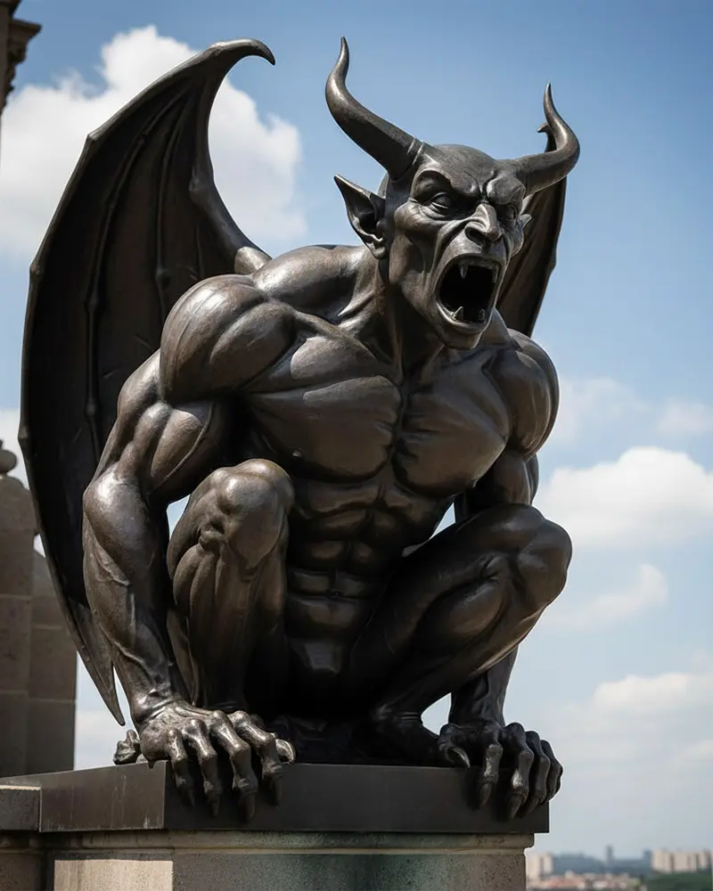 Large bronze gargoyle statue sitting on building ledge against blue sky