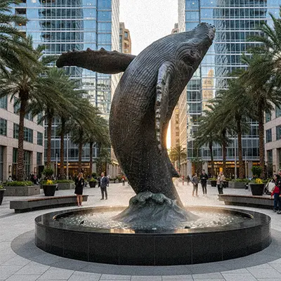 Large bronze humpback whale fountain statue in city square