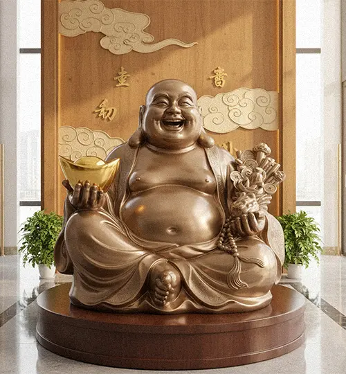 Bronze Laughing Buddha statue (Budai) holding a gold ingot, symbolizing joy, wealth, and abundance for business entrances.