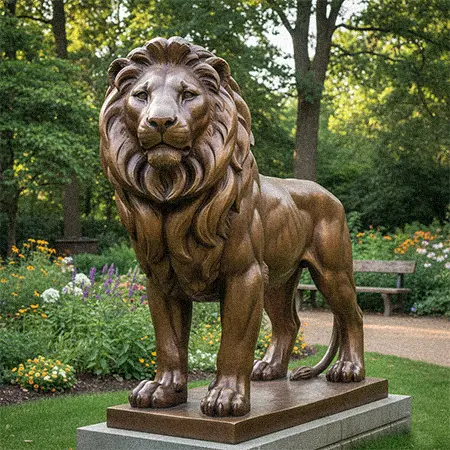 Large bronze standing lion statue on stone pedestal in lush garden landscape