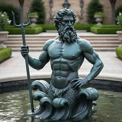 Bronze merman King Triton statue with trident in fountain