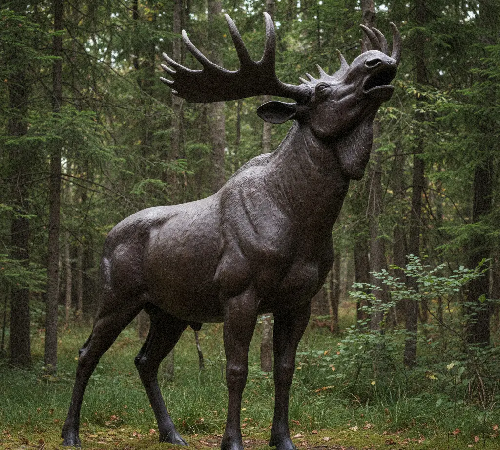 Life-size bronze moose statue standing in the woods