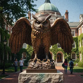 Large bronze owl statue on tree stump for zoo educational display