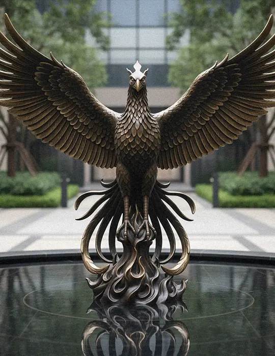 Bronze Phoenix bird statue with spread wings