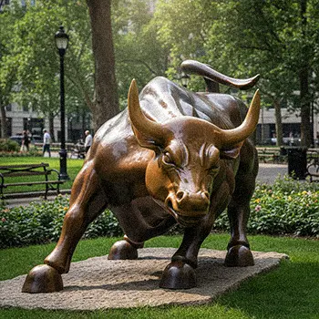Large bronze Wall Street bull statue installed in public park