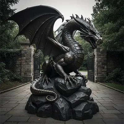 Black bronze gothic dragon statue perched on stone