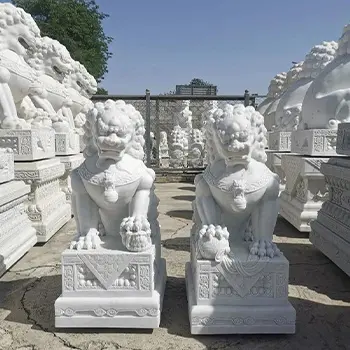 Pair of white marble guardian foo dog statues