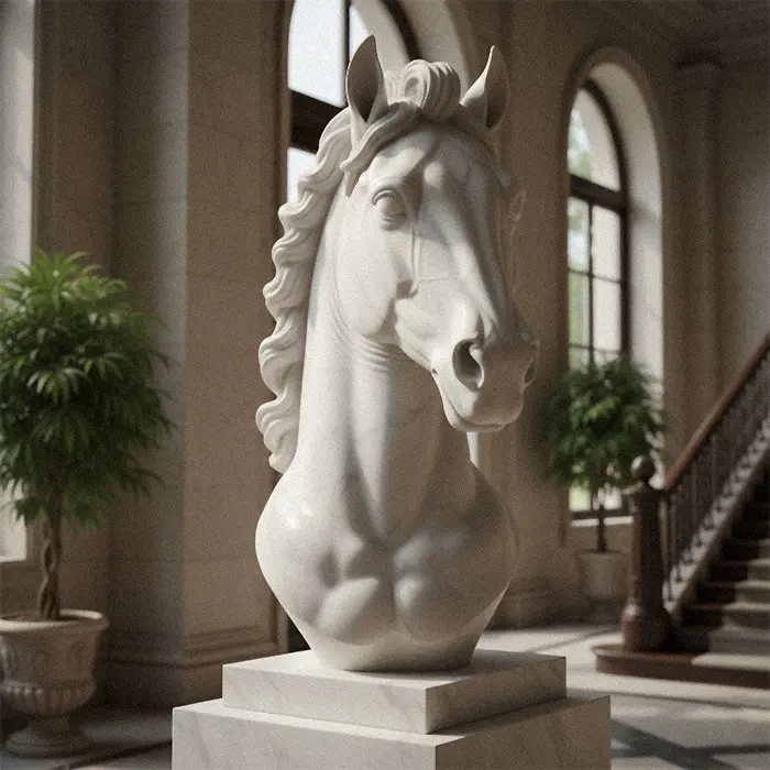 Large white marble horse head bust statue on pedestal