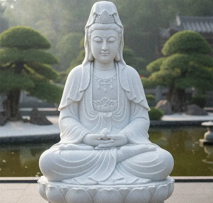 Graceful white marble Guan Yin statue (Avalokitesvara) with flowing robes, capturing a motherly and kind face.