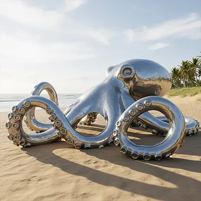 Giant stainless steel octopus sculpture on beach sand