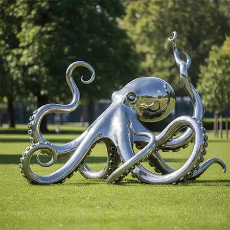 Large stainless steel octopus sculpture on grass