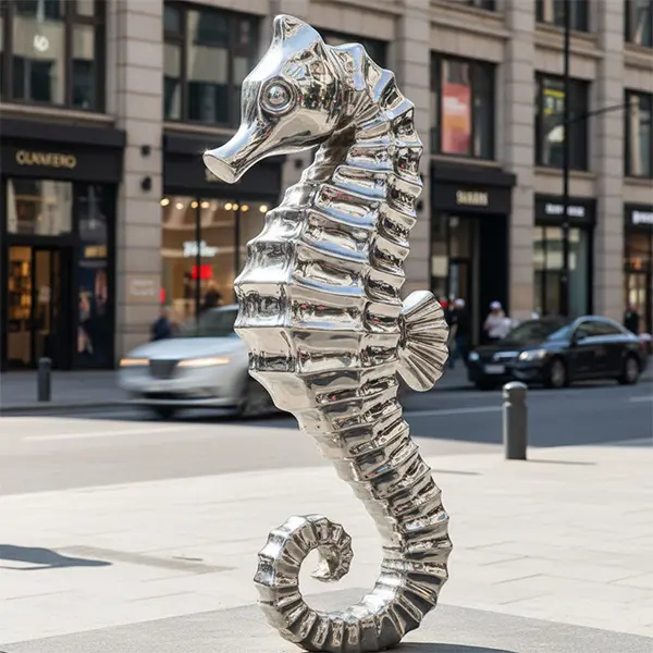 Chrome stainless steel seahorse sculpture street art
