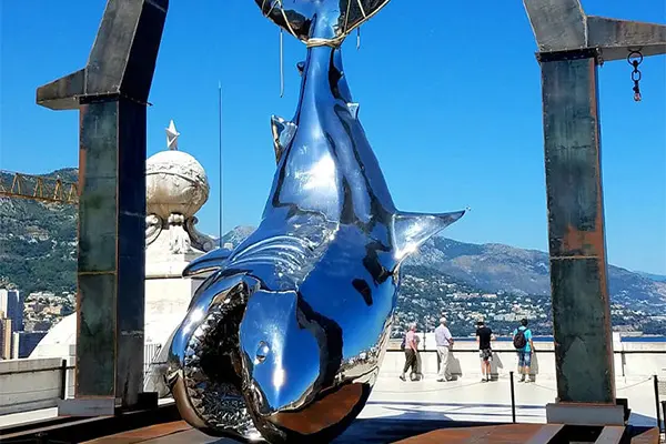 Mirror polished stainless steel shark sculpture outdoor art