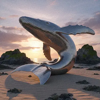 Large stainless steel whale sculpture jumping out of water
