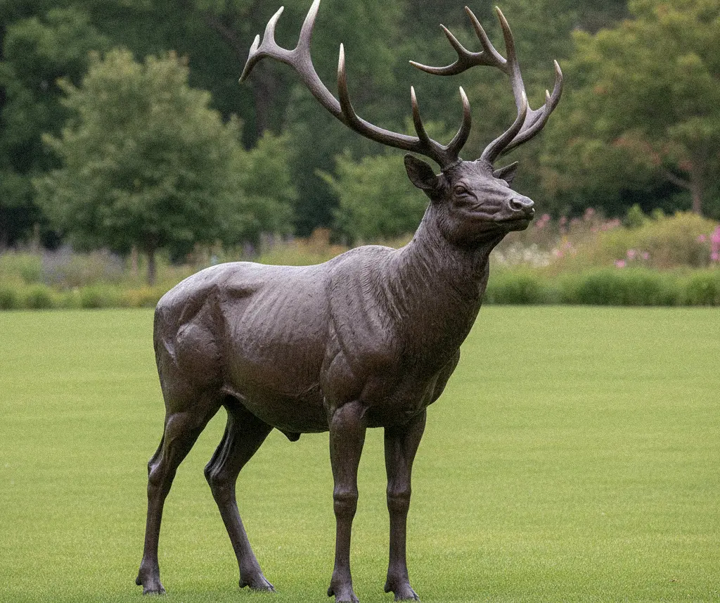 Massive bronze elk statue standing in park