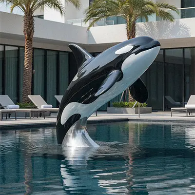 Life-size killer whale orca sculpture jumping out of water