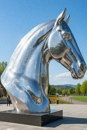 Shiny metal horse head sculpture rust proof material