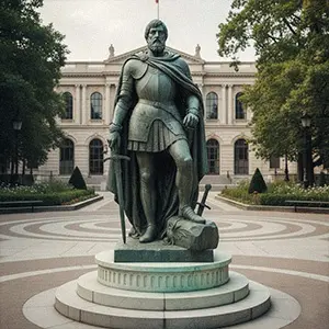 Bronze King Arthur statue holding a sword