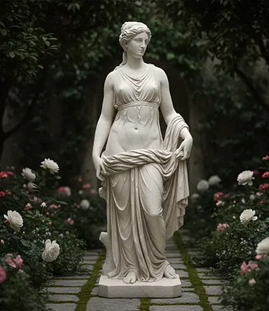 Life-size white marble Venus garden statue standing among roses