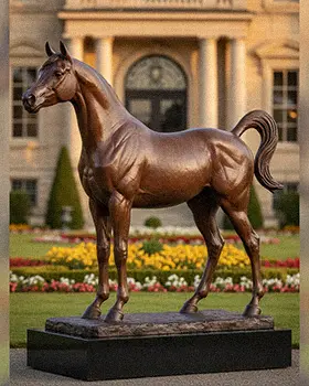 Bronze Arabian horse statue with arched neck in garden