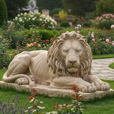 Sleeping lion garden statue limestone color