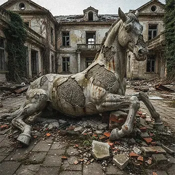 Broken concrete horse statue with cracked legs from freeze-thaw damage