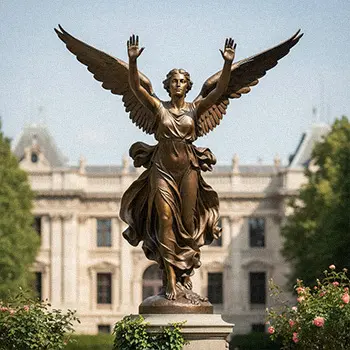 Large outdoor bronze guardian angel statue installed on stone pedestal