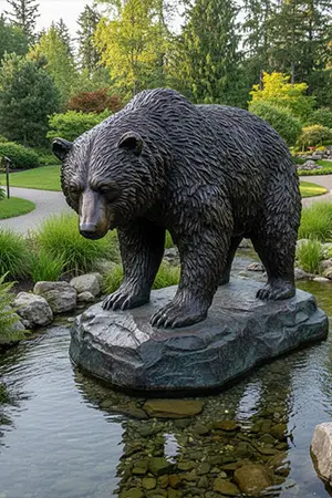 Life-size bronze bear statue catching fish in stream for hunting lodge decor