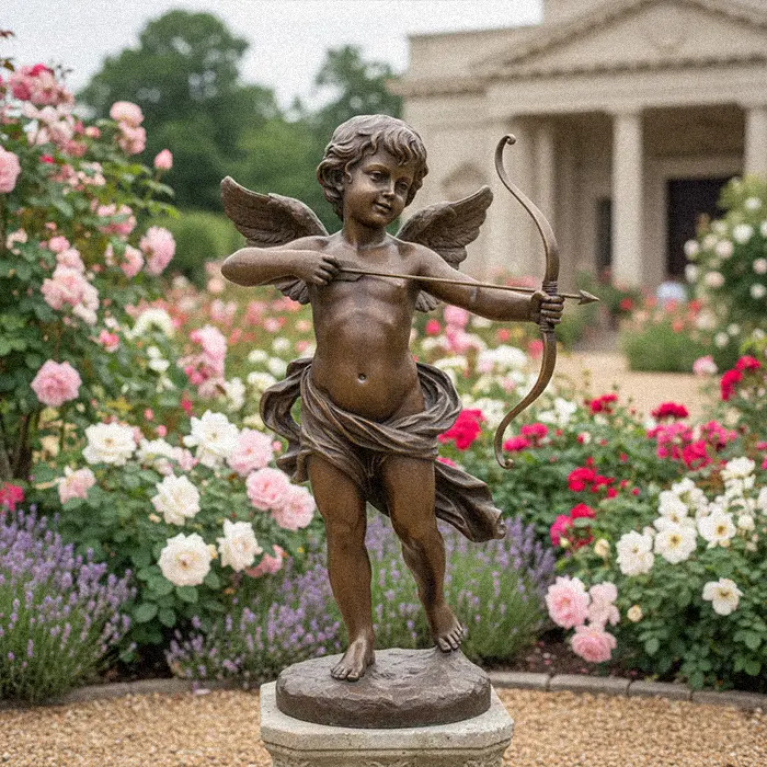 Bronze Cupid shooting arrow statue in a rose garden