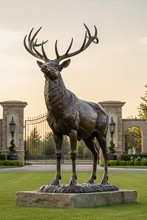 Life-size bronze elk statue standing at gate entrance hunting cabin