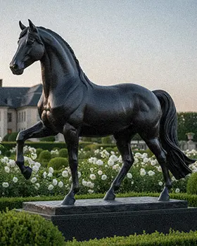 Black bronze Friesian horse sculpture with long mane