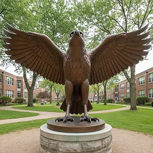 Red hawk bronze statue perched on rock hunting pose