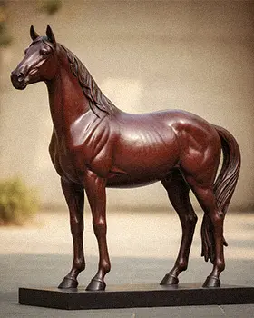 Life-size bronze horse statue standing in european garden
