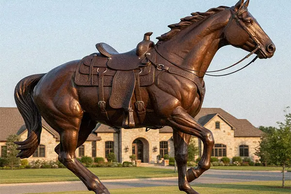 Close up detail of bronze horse saddle and leather texture