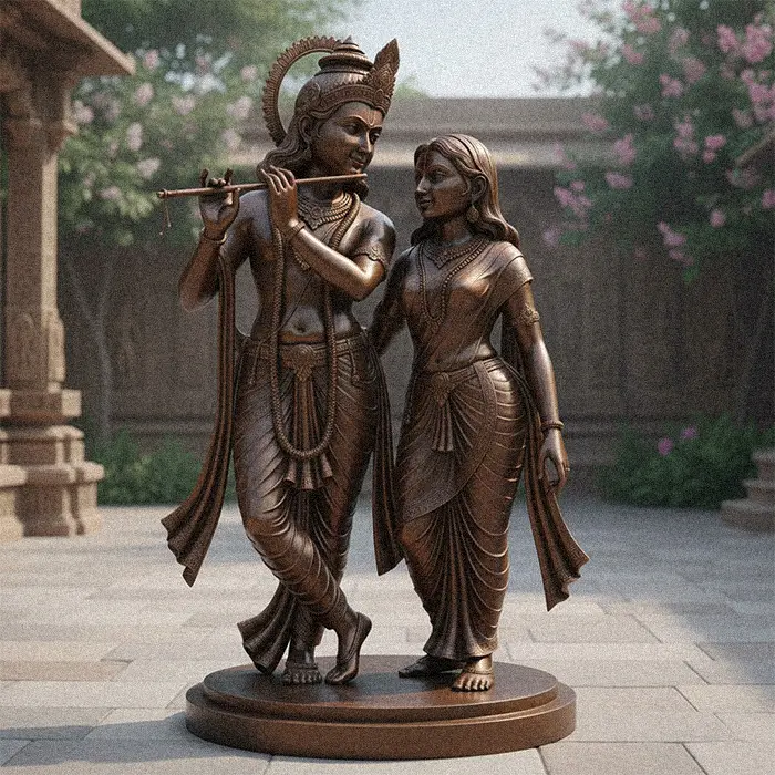 Life-size bronze Radha Krishna statue standing together representing divine love