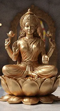 Gold brass Goddess Lakshmi statue sitting on lotus flower for wealth