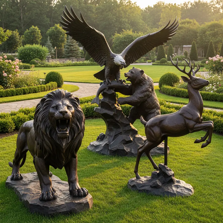 Large bronze wildlife statues eagle bear and deer group in park