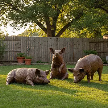 Group of bronze pig garden statues on green lawn